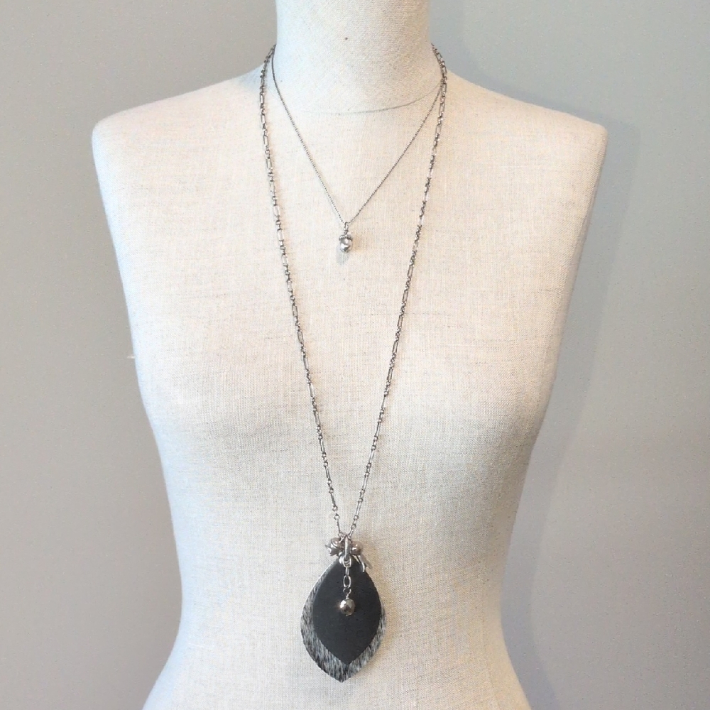 Double D Ranch Peyote Bird Squash Blossom Silver and Black Pendant Necklace